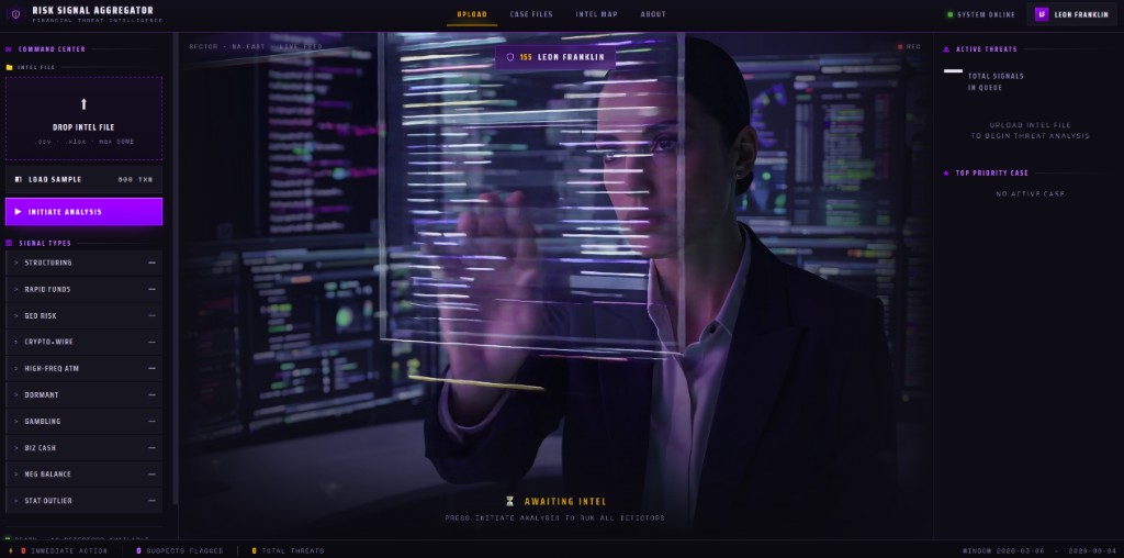 Risk Signal Aggregator command center with an intel file drop zone and a live analysis screen.